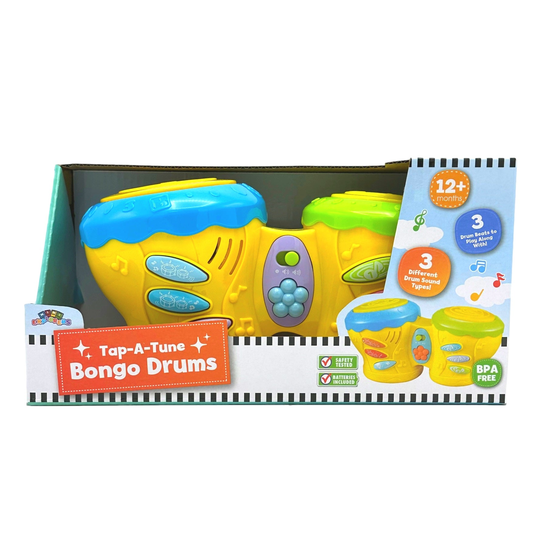 A box containing a toy set of bongo drums for children 12+ months old.